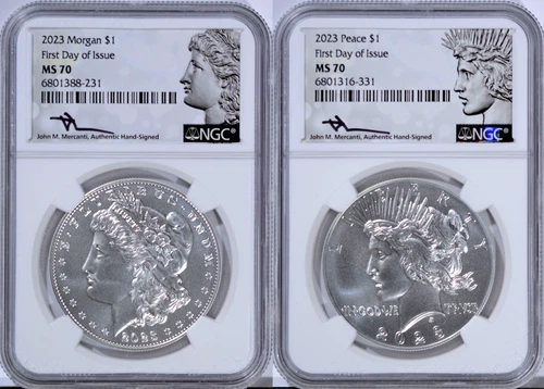 2023 $1 Morgan & Peace Dollar 2 Coin Set NGC MS70 First Day of Issue Mercanti