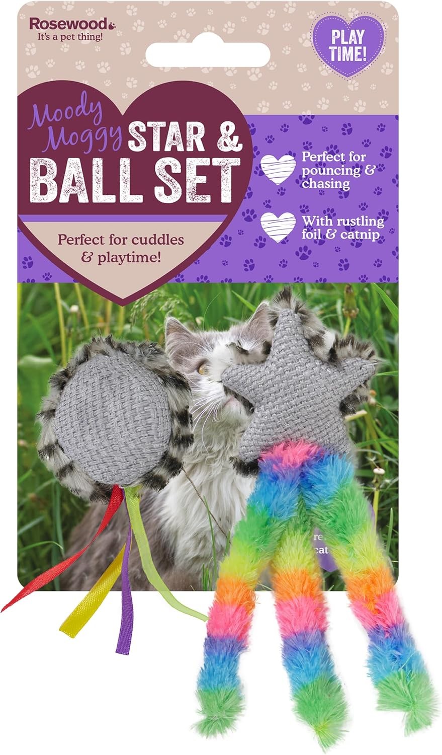 Rosewood Moody Moggy Star & Ball Cat Toy Set - Engaging Interactive Toys With C