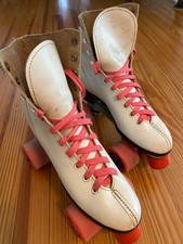 Vintage Roller Derby Women  s Size 9 White Quad Skates Crusher Pink Wheels 965