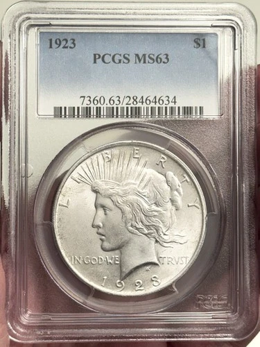 1923 $1 Peace Dollar PCGS MS63, 90% Silver, US Philadelphia Mint   (Ref. 4634)