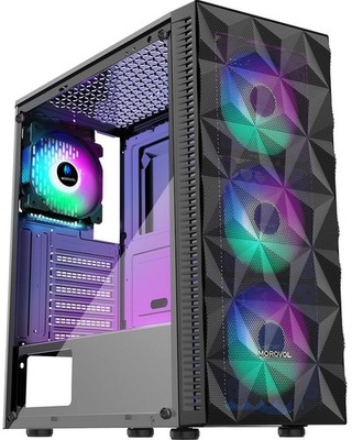 ATX Gaming PC Case with 4 RGB Fans, Diamond Mesh Front, Tempered Glass, USB 3.0