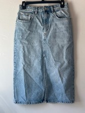 Y2K 90s Minimalism Coastal Casual Light Wash Blue Denim Midi Skirt Back Slit
