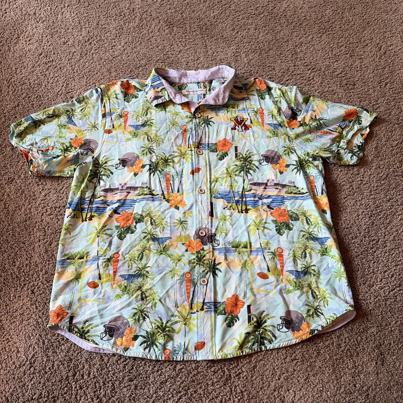 Tommy Bahama Palm Hawaiian VMI Virginia NCAA Football Veracruz Shirt L Blue