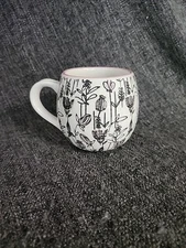 Potter's Studio Coffee Mug Pink White Black Floral Garden Botanical Etched Cup