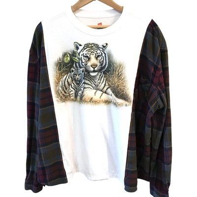 Upcycled Oversized Flannel Sleeve Graphic Tee, Tiger Print Plus Size L XL 2XL