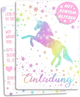 Glitzer Einladungskarten Kindergeburtstag 12 StüCk Einhorn Sternenregen