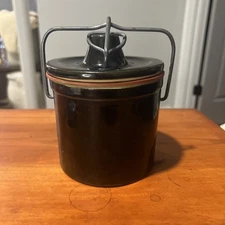 Vintage Dark Brown Stoneware Cheese Crock with Wire Bail Closure Lock