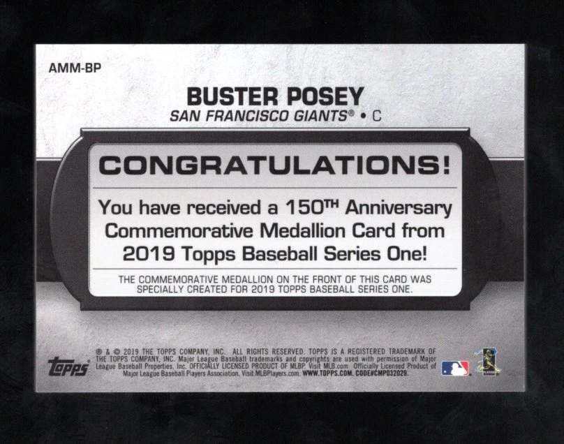 2019 TOPPS BUSTER POSEY 150 YEAR COMMEMORATIVE MEDALLLION PROFESSIONAL BASEBALL - Image 2 of 2