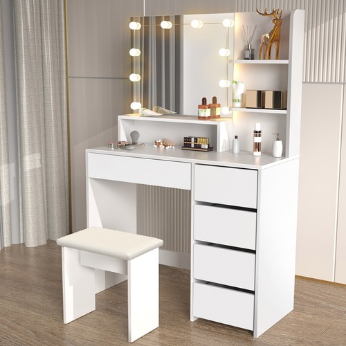 Große Schminktisch Frisiertisch Kosmetiktisch mit Spiegel Hocker LED-Beleuchtung - Bild 2 von 13