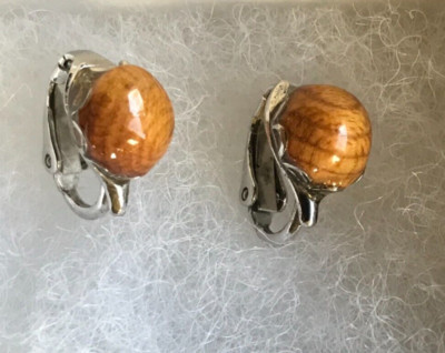 Round Earrings Hand Crafted Sage Brush Wood Cabochon Silver-tone Clips On in Box