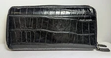 Mundi Women’s Black Leather Italian Calfskin Wallet Croc Embossed Zip Around EUC