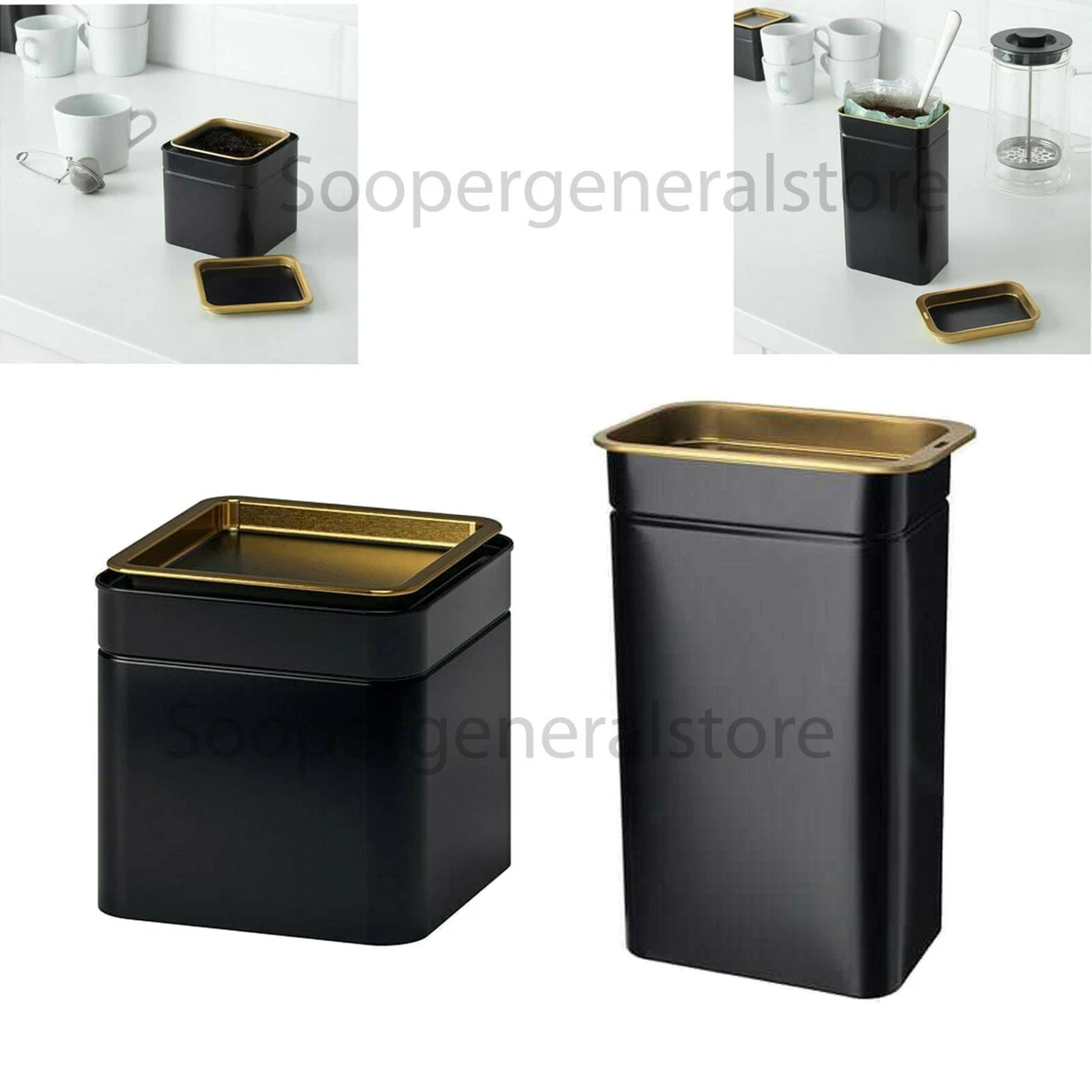 Tea Coffee Sugar Tin Jar Box Canisters Black Square Airtight