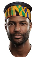 Akwaaba African Hand Woven Kente Kufi Hat with Faux Leather
