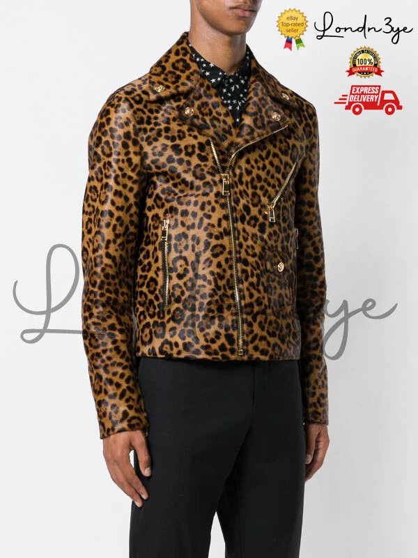 Men Leopard Motorcycle Jacket Mens Cheetah Real Leather Biker Jackets