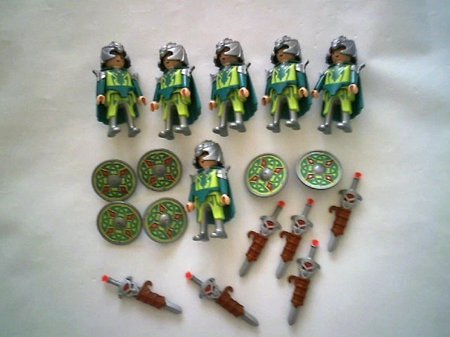 LOT DE PLAYMOBIL  * 6 CHEVALIERS DU DRAGON VERT ET GRIS + ACCESSOIRES * - Photo 1/1
