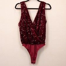 Saints Hearts burgundy sequin v-neck bodysuit-L
