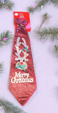 Festive Christmas Tie Reindeer Glitter Design with Elastic Neckband Holiday