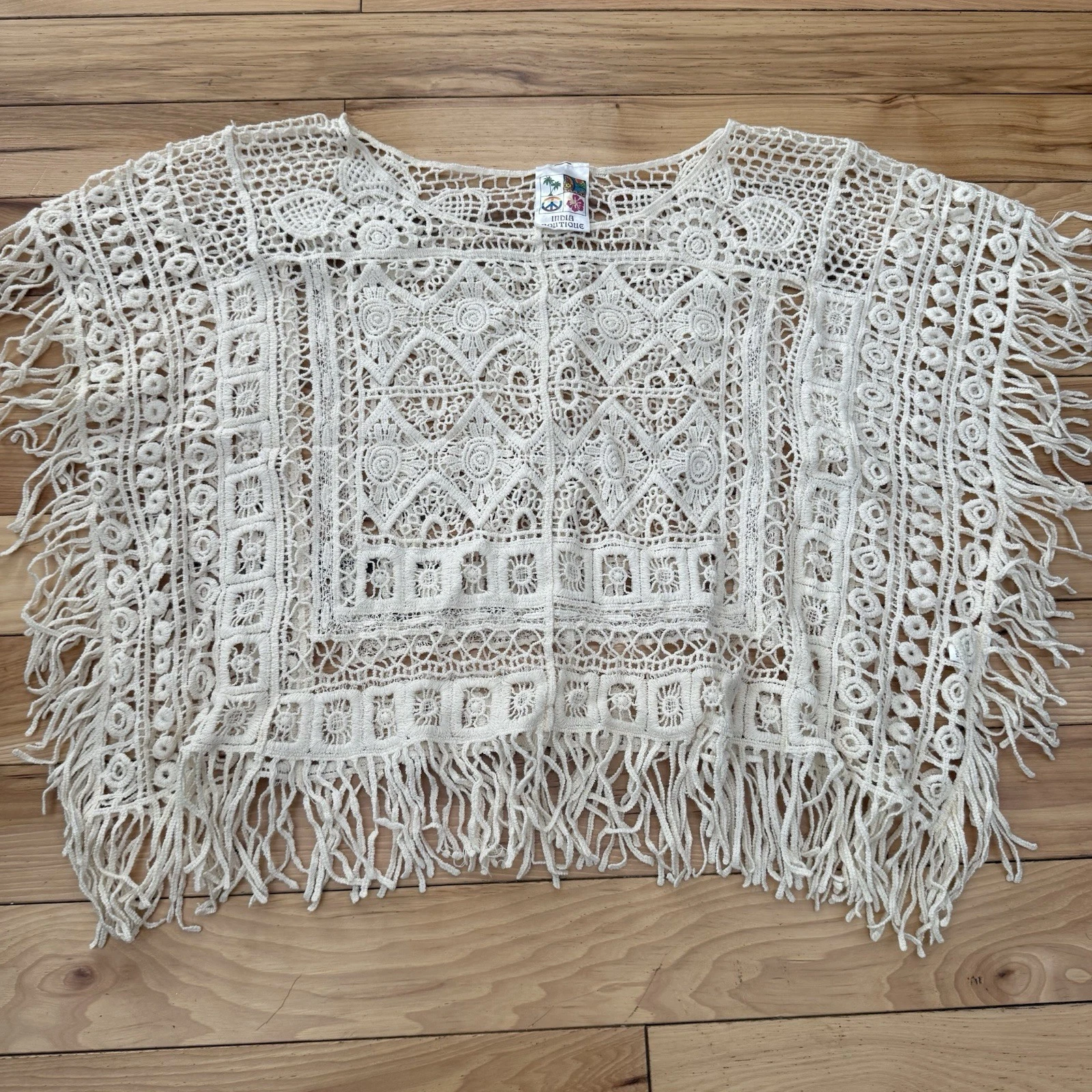 India Boutique Women’s Boho Crochet Fringe Poncho Coachella Top One Size Cream