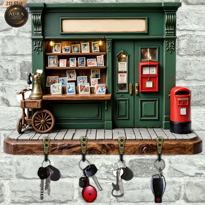 30cm Wall Keychain - Retro Post Office Newsstand Organizer 2D 4 Hooks Entrance