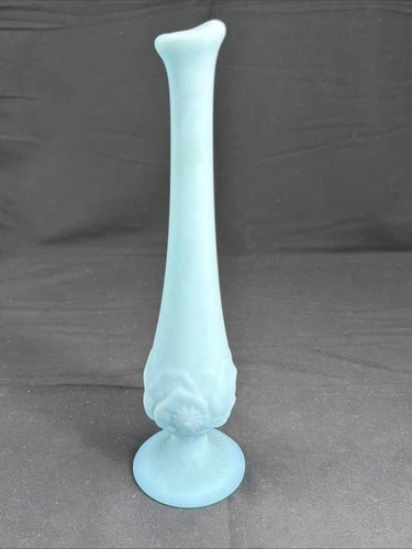 FENTON BLUE SATIN WATER LILY BUD VASE  10"