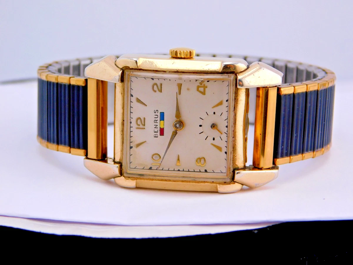 14k gold plated Benrus watch & 1/20 10K gf band Vintage BENRUS 10k GF Mens Winding Watch c.1940s Cal Model  main image 3