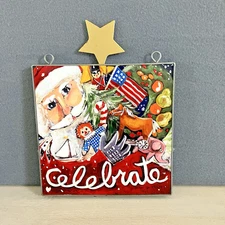 Nancy Thomas 1994 Christmas Folk Art Santa & Toys Wall Plaque Celebrate 8"x 8"