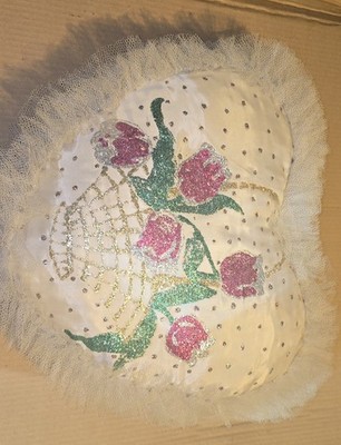 Vtg Handmade Heart Shaped Satin/Lace Wedding Pillow Glittered Flower Design