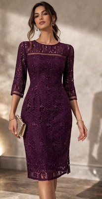 BLIND CAT Dress L Knee Length Lace 3/4 Sleeves Purple Eggplant Shift Whimsy #168