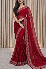 Self Design Banarasi Chiffon Saree with Unstitched Blouse Red 