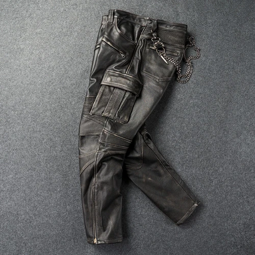 Men's Genuine Leather Pants Top Layer Cowhide Motorcycle Riding Workwear Pants