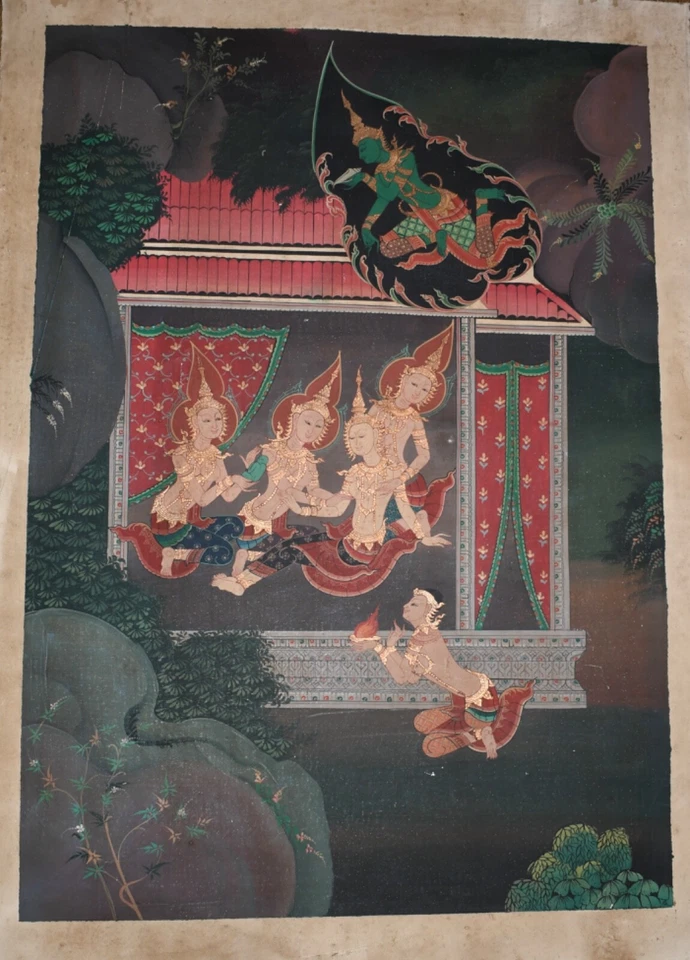 Antigua pintura religiosa budista de finales del siglo XVIII sobre tela/lienzo de Tailandia Foto 4 de 4