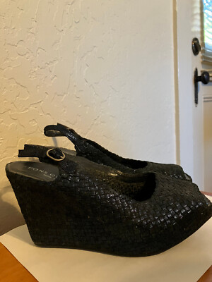 Pons Quintana Dark Blue Woven Leather Slingback Wedge Sandals size 37.5 EU