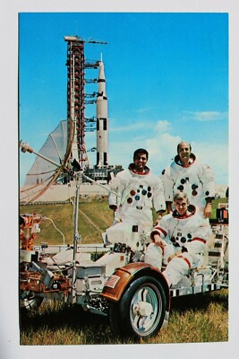 APOLLO 17 CREW POSE ON LUNAR ROVING VEHICLE, JOHN F. KENNEDY SPACE CENTER, NASA