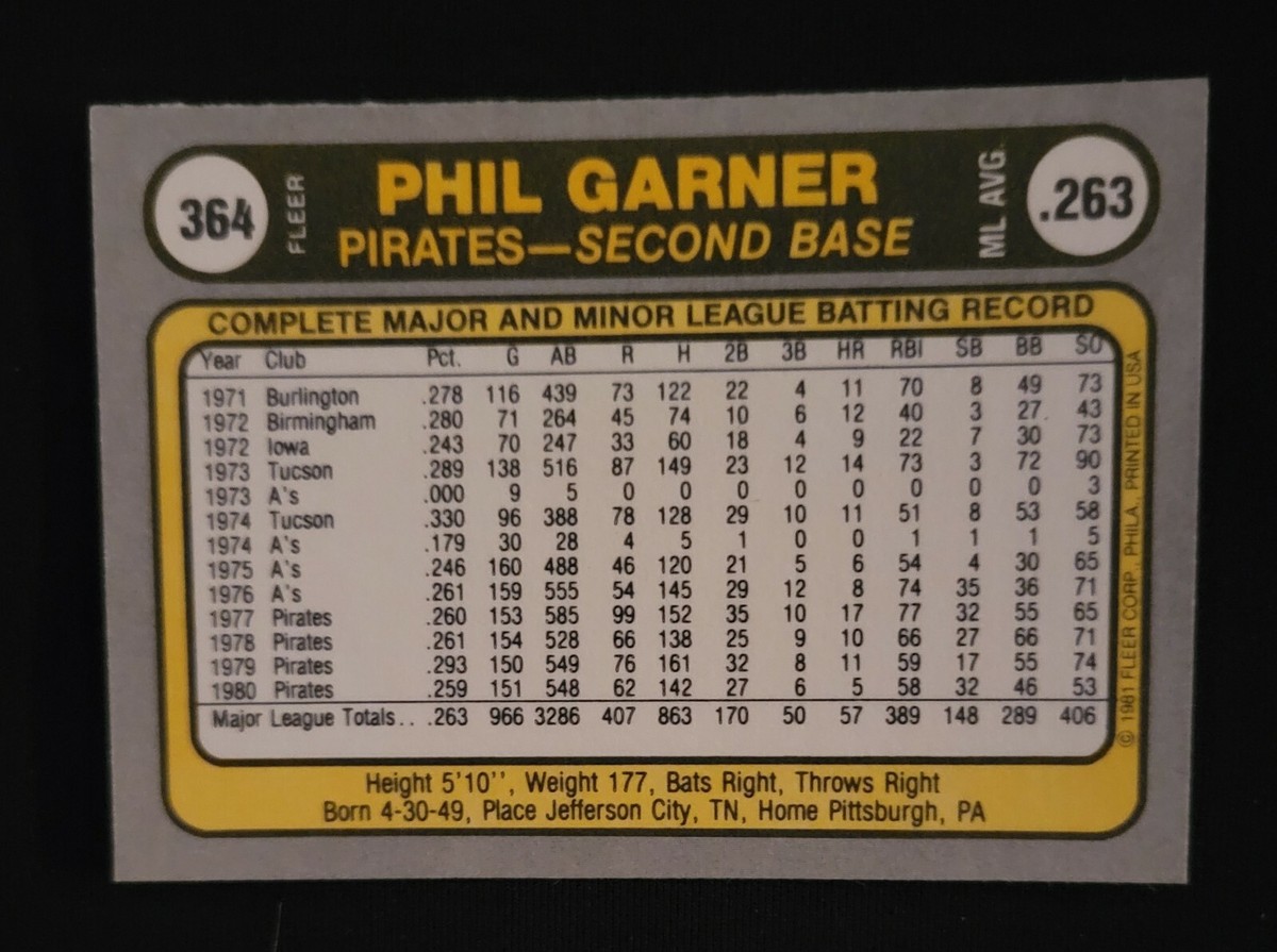 1981 FLEER #364 PHIL GARNER PITTSBURGH PIRATES 3 TIME ALL STAR