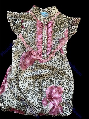 Miss Blumarine EUC Leopard Roses Pink Lace Ruffle Rhinestone Lined Dress-4T