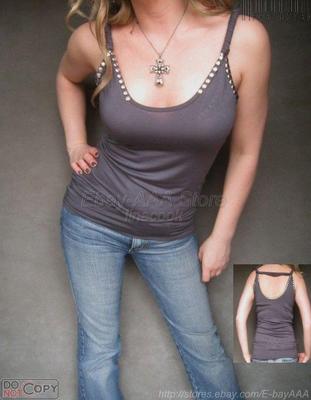 EUC$78 CACHE Gray Silver Studs Ropped Straps Tank Tee Top S/4