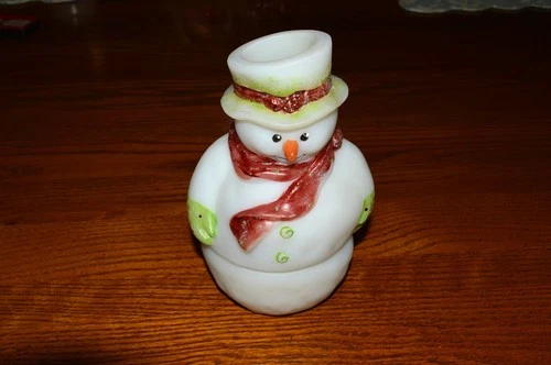 HTF Vintage Fenton Glass Custard Snowman Fairy Lamp Light Hand Painted