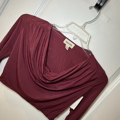 Open Edit Cowl Neck Long Sleeve Crop Top, Burgundy London, S