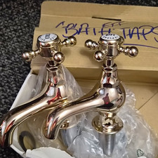 Traditional Polished gold  Crosshead Deck Mounted Bath Taps Pair Hot & Cold