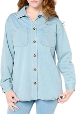 Nina Leonard Women's Stretch Knit Denim Collared Shirt Bleach Wash