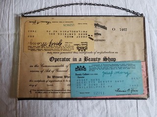 ANTIQUE 1930'S BEAUTY SHOP BARBER LICENSE GLASS & TIN FRAME PHILADELPHIA