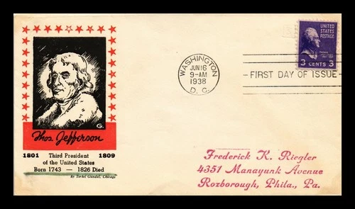 US COVER THOMAS JEFFERSON PRESIDENTIAL SERIES FDC SCOTT 807 TORKEL GUNDEL
