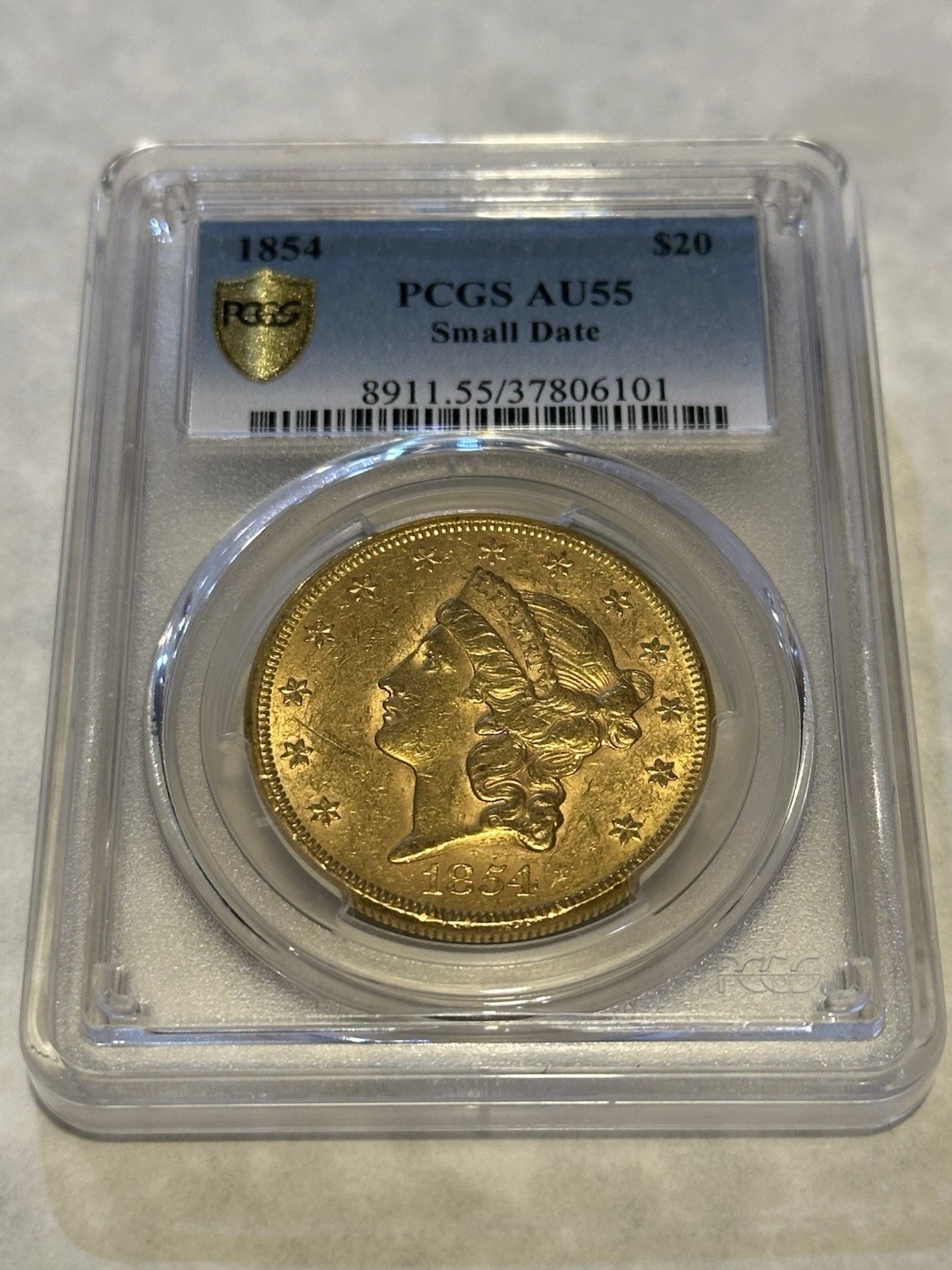 1854 AU55 PCGS Liberty Double Eagle $20 Gold Coin nice details eyeclean