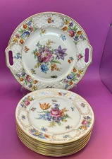 1930s Dresden Schumann 7 Piece Dessert Set - Empress Dresden Flowers