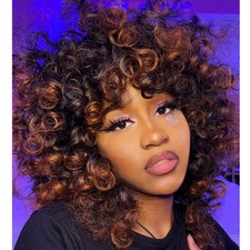 Curly Wigs for Black Women Brown Short Curly Wig with Bangs Soft Afro Kinky C...