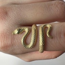 Gold Plated Coiled Snake Ring with Green Eyes Gothic Serpent Jewelry