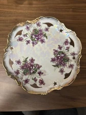Vintage LOFT Opalescent Rose Pedestal Gold Trim Dessert Plate EUC