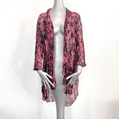 URU Womens Floral Print 100% Silk Open Front Purple Sheer Cardigan One Size RARE