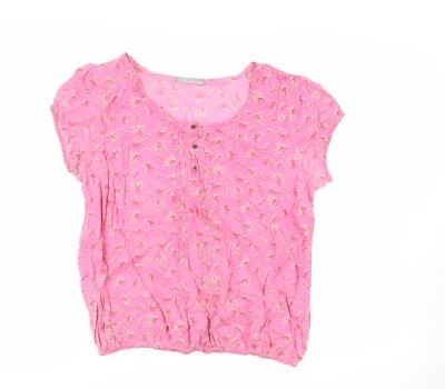 Marks and Spencer Damen Rosa Blumenmuster Baumwolle Basic Bluse Größe 16 Rundhalsausschnitt