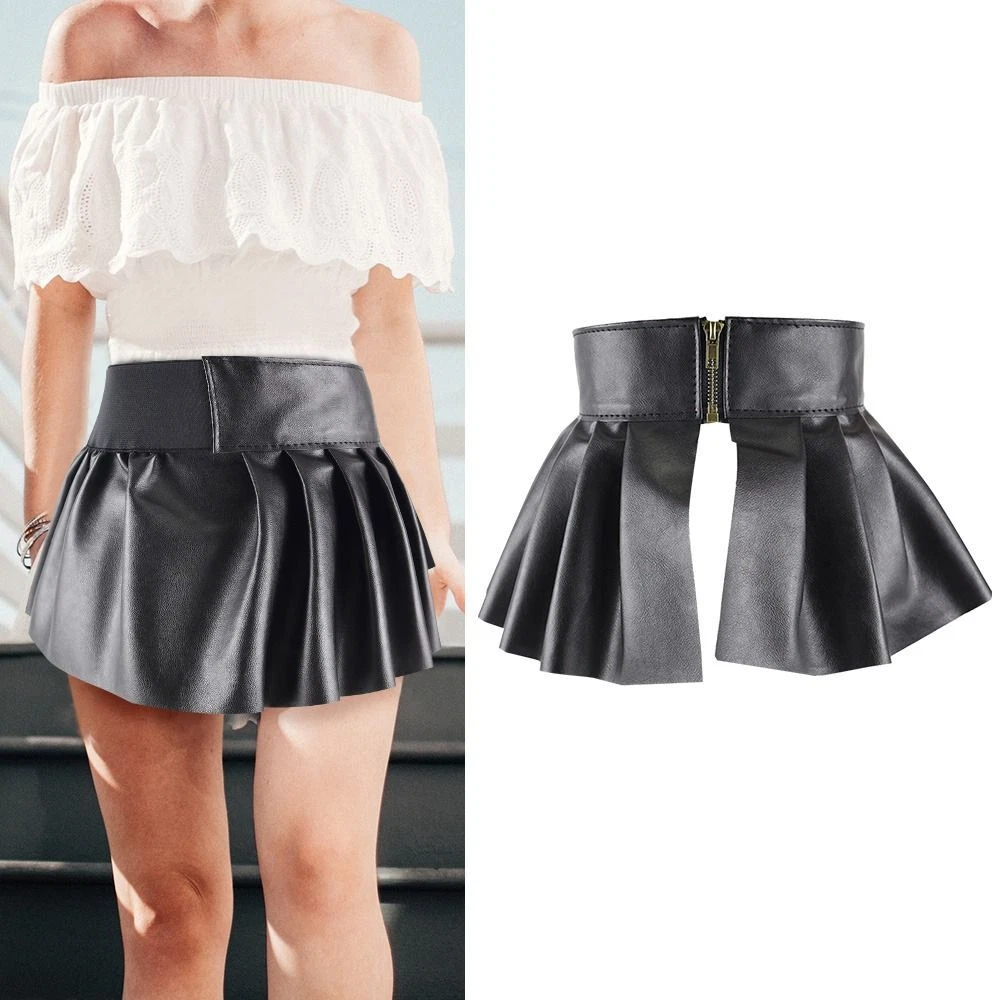 Pleated Skirts Wide Belts Punk Leather Waistband Elastic Corset